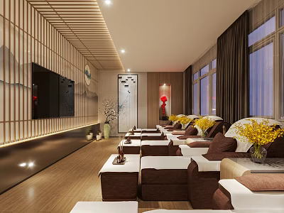 Elegant SPA Sauna Interior Design With Comfortable Chairs Warm Lighting And Plants 3d model