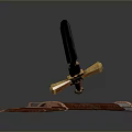 Ornate Decorative Sword With Golden Accents Blue Blade Red Hilt And Brown Leather Scabbard Straps