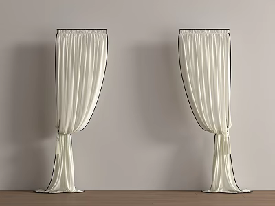 Elegant Ivory Curtains With Black Trim Flowing Floor Length Design And Tiebacks 3d model
