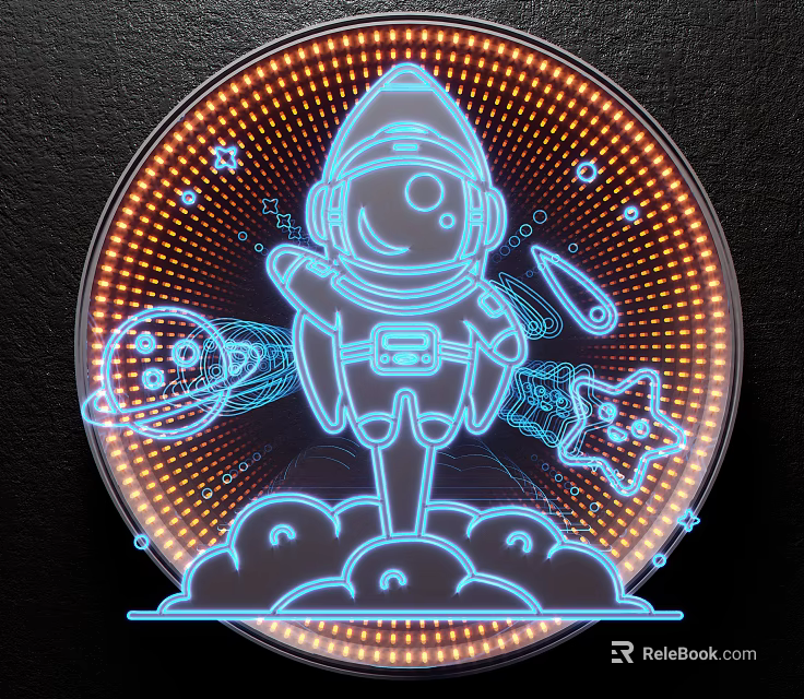 Neon Style Decorative Light with Astronaut Round Design and Stars Planets Clouds 3d model 