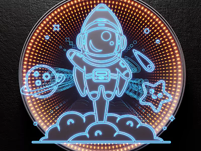 Neon Style Decorative Light with Astronaut Round Design and Stars Planets Clouds 3d model