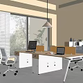 Modern Office Desk Workspace With White Chairs Laptops Filing Cabinets And Pendant Light