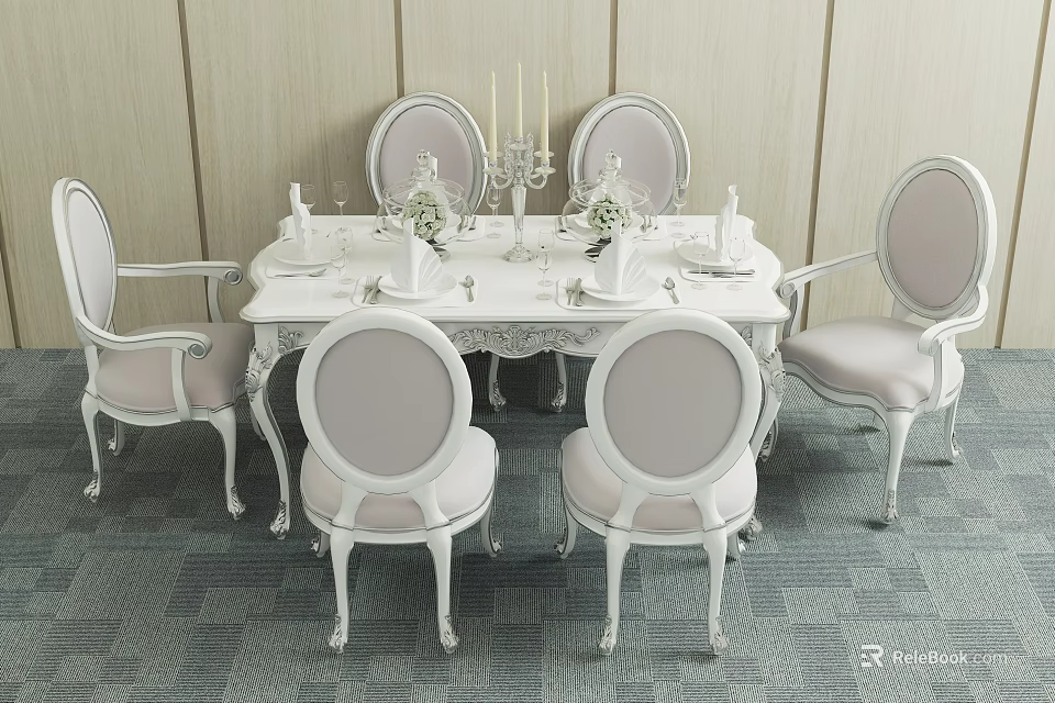 Elegant White Dining Table Set With Light Cushioned Chairs And Ornate Table Decorations 3d model 