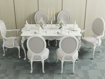 Elegant White Dining Table Set With Light Cushioned Chairs And Ornate Table Decorations 3d model