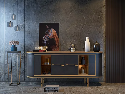 Modern Interior Featuring Dark Gray Console Table Golden Frame Open Shelves And Metal Side Cabinet 3d model