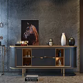 Modern Interior Featuring Dark Gray Console Table Golden Frame Open Shelves And Metal Side Cabinet