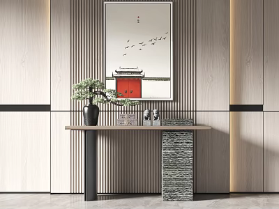 Elegant Modern Console Table Interior With Decorative Painting And Potted Plant 3d model