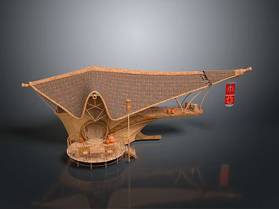 Bamboo Architecture With Unique Canopy Structure Elevated Platform And Traditional Red Pendant 3d model