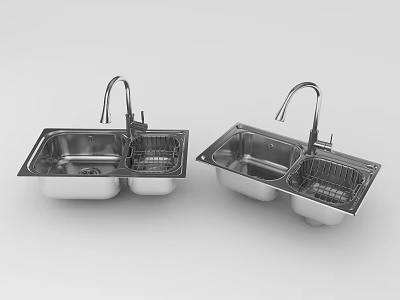 Stainless Steel Double Bowl Kitchen Sink with Faucet and Drainer Basket 3d model