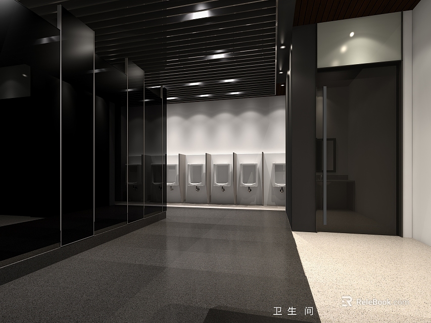 Modern Restroom Interior Design With Spacious Layout Urinals Stalls And Glass Partitions 3d model 