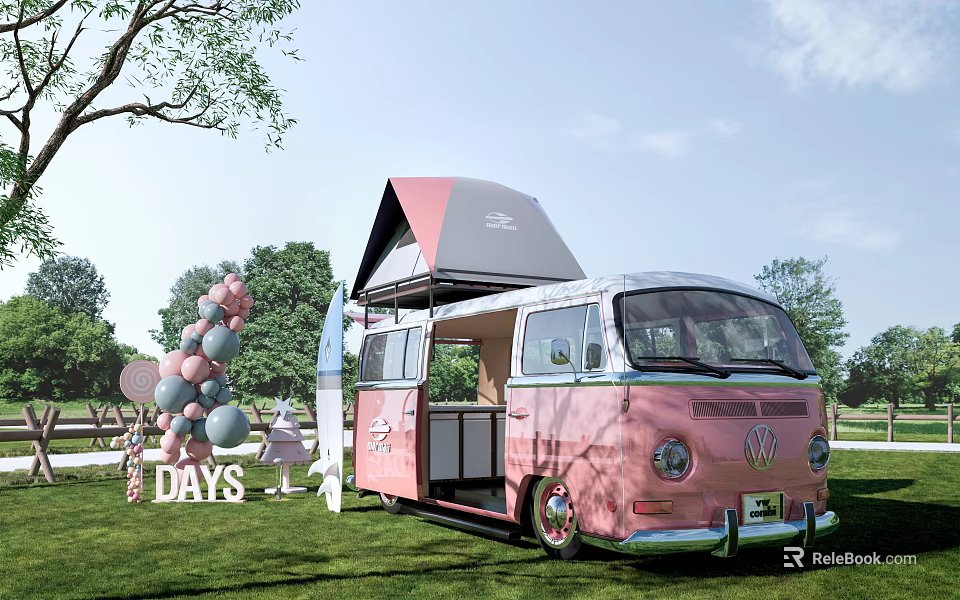 Pink Volkswagen Camper Van Open Awning On Grass Field With Balloon Decorations And DAYS Sign 3d model 