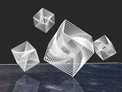White Geometric Line Landscape Sculpture With Multiple Cube Shapes On Reflective Surface And Clear Reflections 3d model