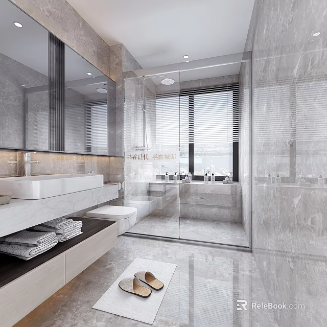 Modern Hotel Bathroom With Marble Finish Large Mirror Glass Shower And Vanity 3d model 