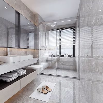 Modern Hotel Bathroom With Marble Finish Large Mirror Glass Shower And Vanity 3d model