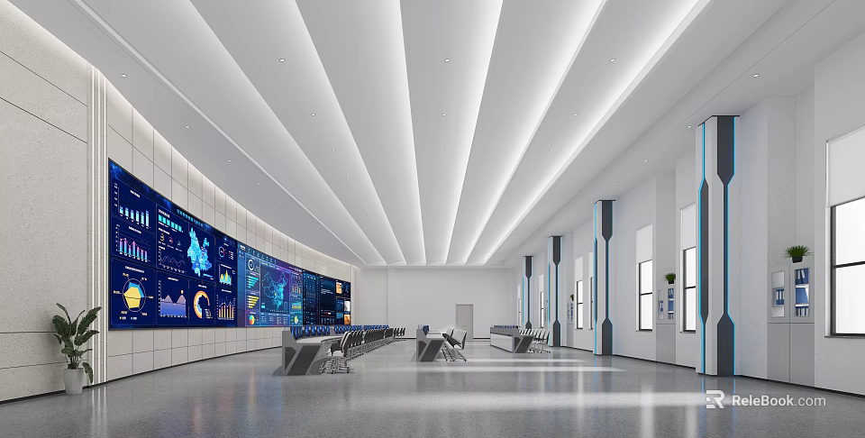 Modern Control Room With Large Data Screens And Linear Lights 3d model 