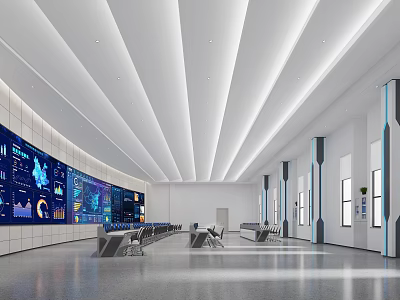 Modern Control Room With Large Data Screens And Linear Lights 3d model