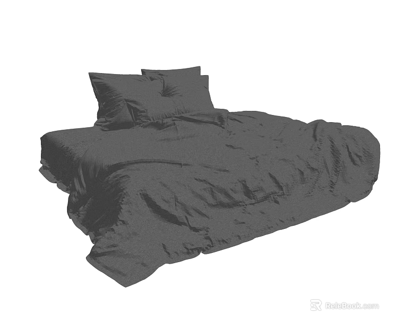 Neatly Made Modern Double Bed With Dark Bedspread And Soft Pillows 3d model 