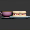 Brown Drink in Pink Teacup with Light Blue Coaster and Sandwich on Light Blue Plate