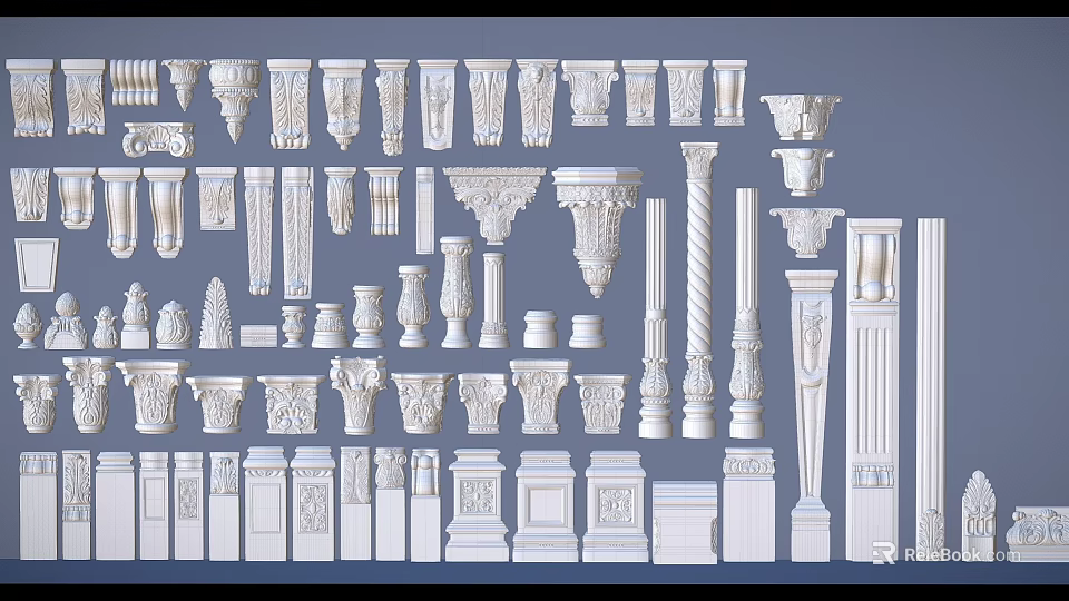 Various Classical Roman Columns With Decorative Capitals And Architectural Details 3d model 