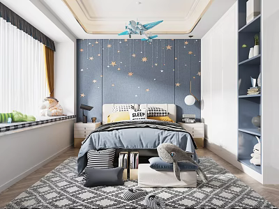 Kids Room Interior With Blue Starry Walls Bed Bedding Rug And Playful Decor 3d model