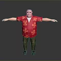 3D Model of Male Character Wearing Red Floral Shirt with Clover Pattern and Outstretched Arms