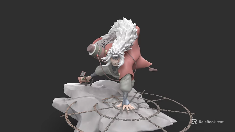 White Haired Ninja Character With Red Cloak On Rock Base And Seal Patterns 3d model