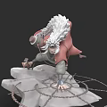 White Haired Ninja Character With Red Cloak On Rock Base And Seal Patterns 3d model