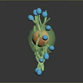 Medical Device 3D Neuron Model With Green Cell Body Yellow Nucleus Blue Synapses