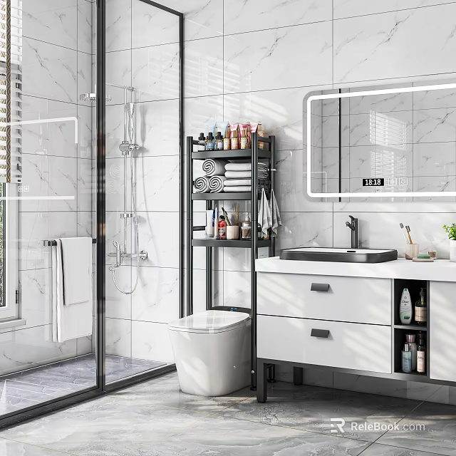Modern Bathroom Interior With Glass Shower White Toilet Marble Vanity Black Shelf And Large Mirror 3d model 