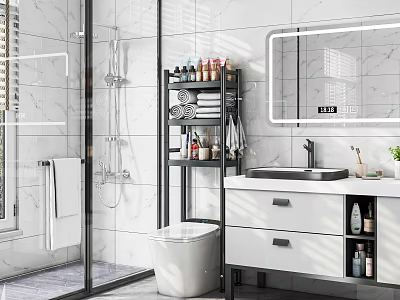 Modern Bathroom Interior With Glass Shower White Toilet Marble Vanity Black Shelf And Large Mirror 3d model