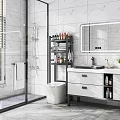 Modern Bathroom Interior With Glass Shower White Toilet Marble Vanity Black Shelf And Large Mirror