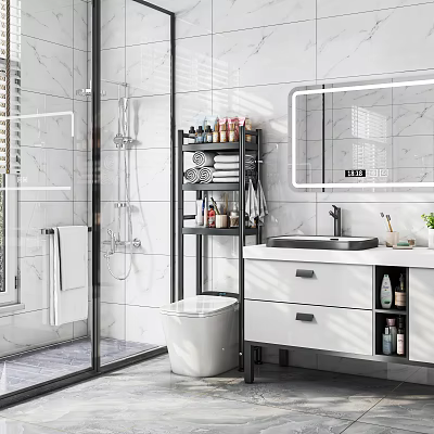 Modern Bathroom Interior With Glass Shower White Toilet Marble Vanity Black Shelf And Large Mirror 3d model