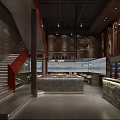 Modern Restaurant Interior With Wooden Ceiling Pendant Lights Round Tables Chairs And Green Plants