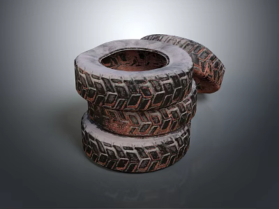 Three Stacked Tires With Dark Rusty Tread Pattern Against Gray Background 3d model