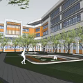 Modern Style School Building With White And Yellow Exterior Courtyard Trees Lawn And Pathway