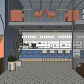 Modern Cafe Interior With Blue Bar Counter Bar Stools Cactus Plants And Polka Dot Floor