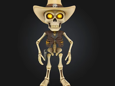 Western Style Skeleton Game Character With Cowboy Hat Yellow Glowing Eyes And Pistol 3d model