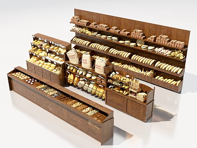 Wooden Display Shelves for Retail Store With Bread Cookies and Packaged Grocery Items Organized Arrangement 3d model