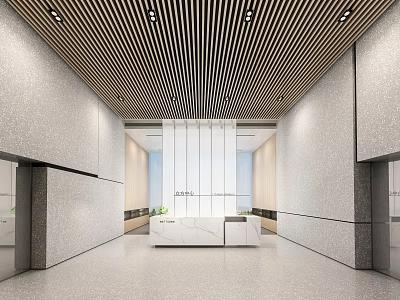 Modern Reception Lobby Design With White Marble Desk And Wooden Slatted Ceiling 3d model