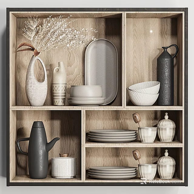 Modern Dinnerware Set With Plates Bowls Kettle Vase And Jars On Wooden Shelf 3d model 