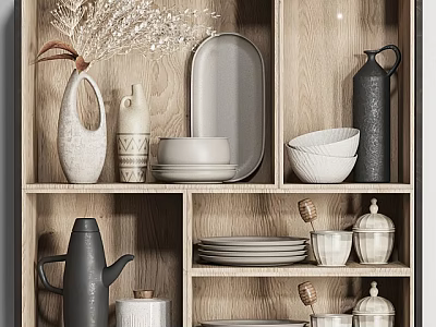Modern Dinnerware Set With Plates Bowls Kettle Vase And Jars On Wooden Shelf 3d model