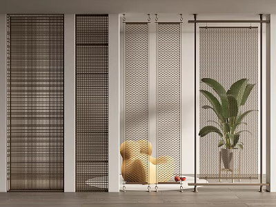 Modern Room Dividers With Mesh Grid And Wooden Screens Featuring Yellow Chair And Green Plant 3d model