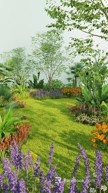 Floral Display in Lush Garden with Colorful Flowers Green Lawn and Trees 3d model 
