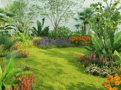 Floral Display in Lush Garden with Colorful Flowers Green Lawn and Trees 3d model