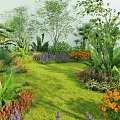 Floral Display in Lush Garden with Colorful Flowers Green Lawn and Trees