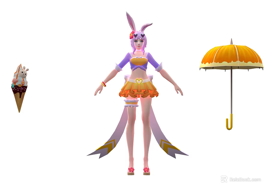 Game Movie Character With Bunny Ears Long Hair Purple Top Orange Skirt Ice Cream Umbrella 3d model 