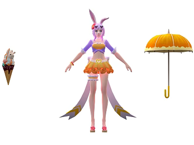 Game Movie Character With Bunny Ears Long Hair Purple Top Orange Skirt Ice Cream Umbrella 3d model