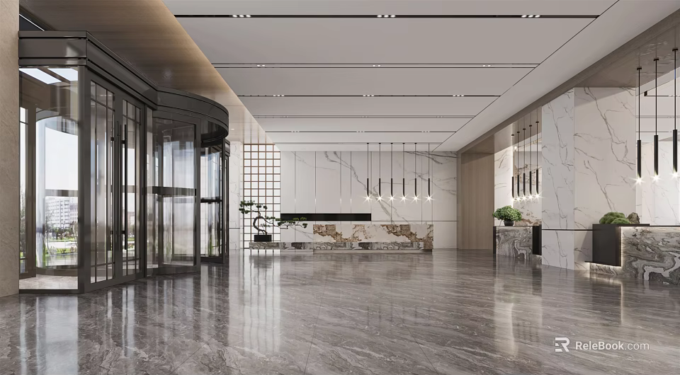 Modern Reception Area Interior With Revolving Door Marble Walls And Pendant Lights 3d model 