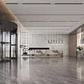 Modern Reception Area Interior With Revolving Door Marble Walls And Pendant Lights