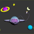 Colorful Spacecraft in Space Scene With Planets Stars and Crescent Moon